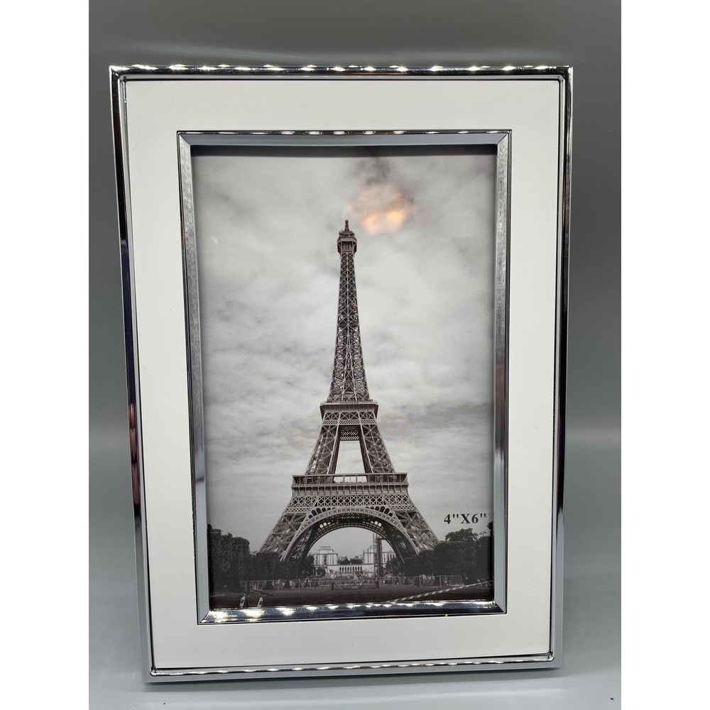 Modern White Enamel and‎ Silver Chrome 4x6 Photo Frame Tabletop Wall Mount